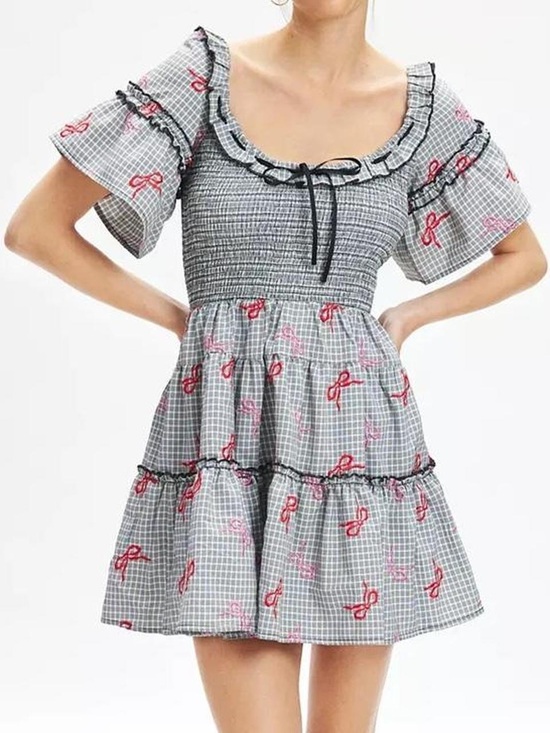 Free People Dresses & Skirts - Free People Black and White Smocked Gingham Mini Dress with Black Ribbon